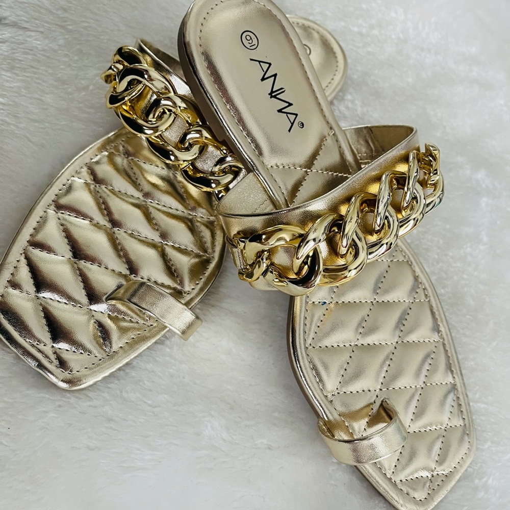 SZ 8 Gold Chain Toe Ring Sandal square toe - Picture 2 of 5